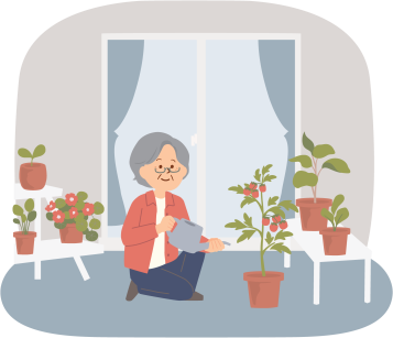 植物の世話をしながら暮らす様子