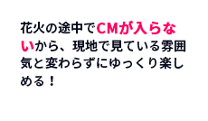 花火の途中でCMが入らないから、現地で見ている雰囲気と変わらずにゆっくり楽しめる！