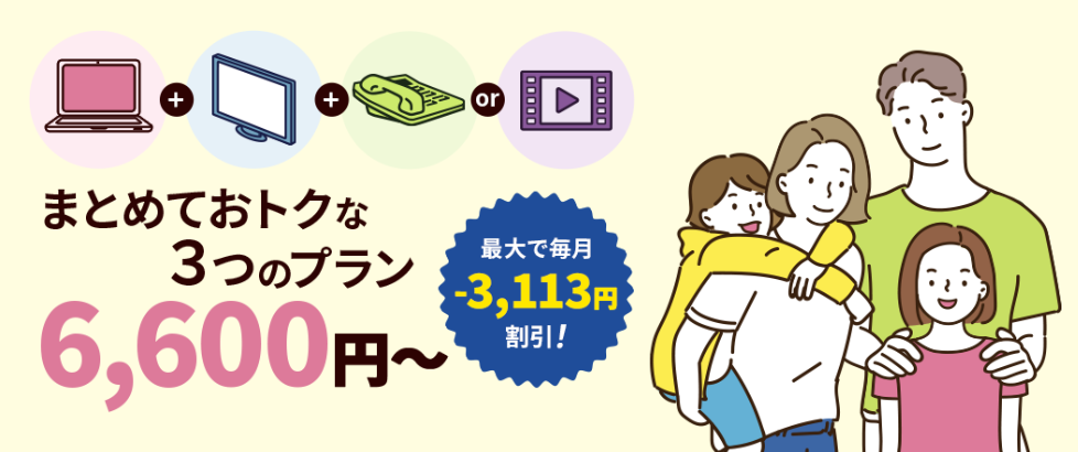 まとめておトクな3つのプラン6,600円～ 最大で毎月-3,113円割引！