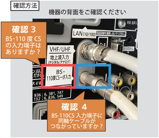 確認3 BS・110度CSの入力端子はありますか？ 確認4 BS・110度CS入力端子に同軸ケーブルがつながっていますか？