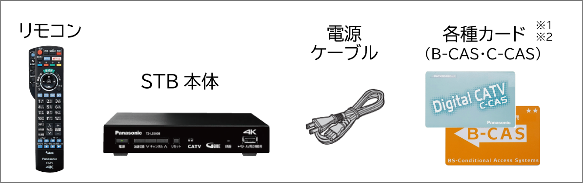 リモコン　STB本体　電源ケーブル　各種カード※1※2（B-CAS・C-CAS）