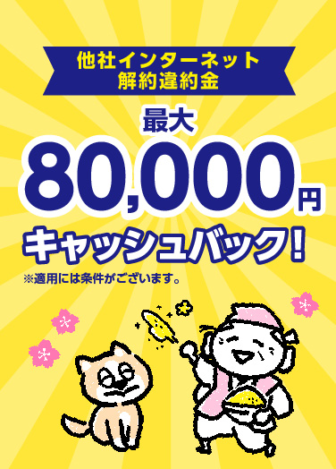 他社インターネット解約違約金最大80,000円キャッシュバック！※適用には条件がございます。