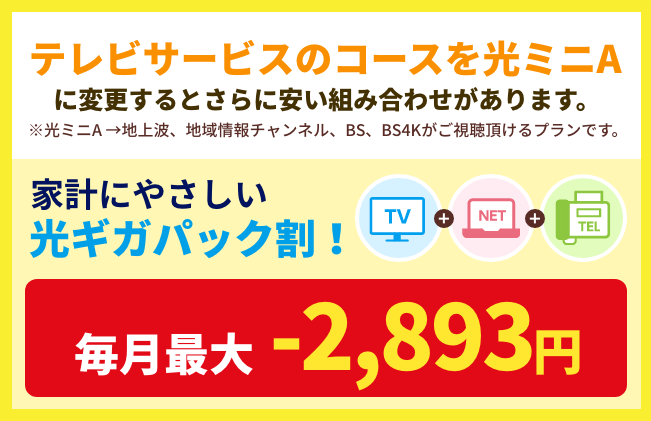 テレビサービスのコースを光ミニAに変更するとさらに安い組み合わせがあります。